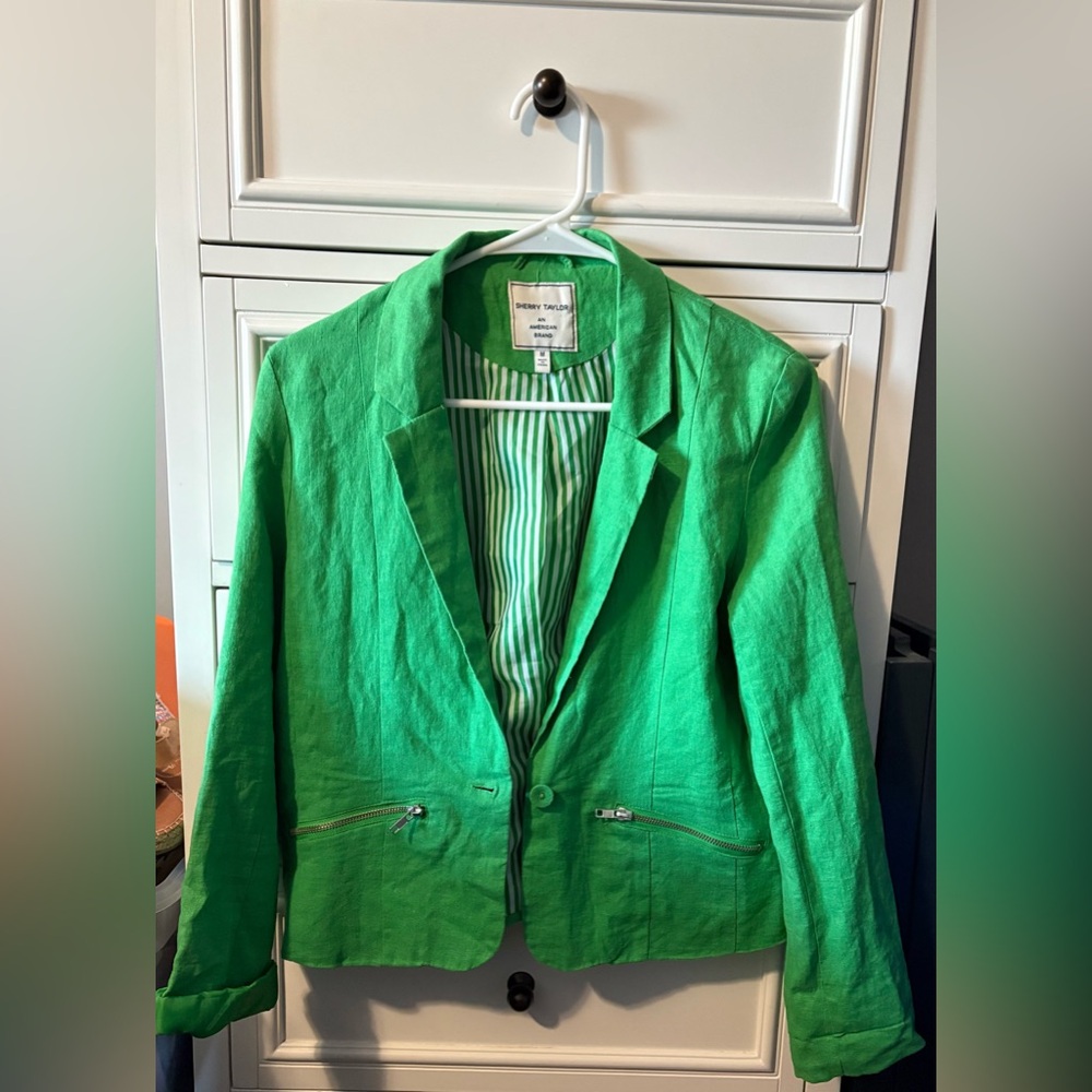 Vibrant Green Sherry Taylor Linen Blend Blazer with Zippered Pockets size MED